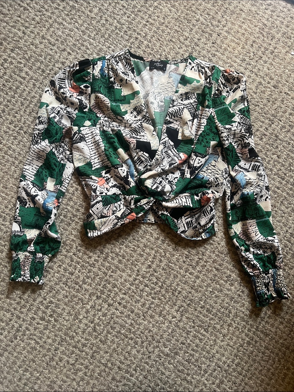Milk & Honey Crop Top S Green Print Twist Front Puff Sleeve EUC